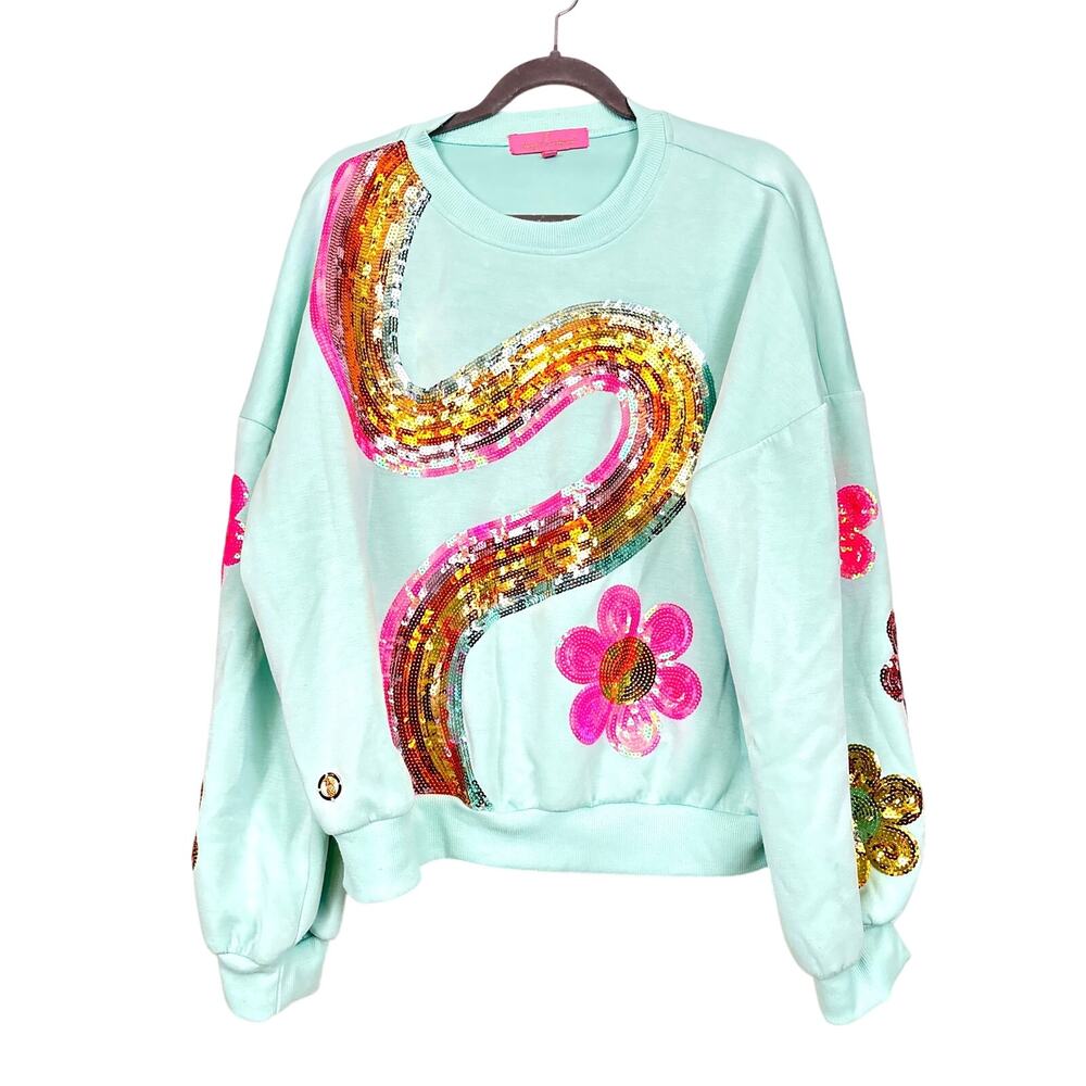 Simply Southern Womens XL Blue Multi Groovy Vibes Sequin Floral Sweatshirt